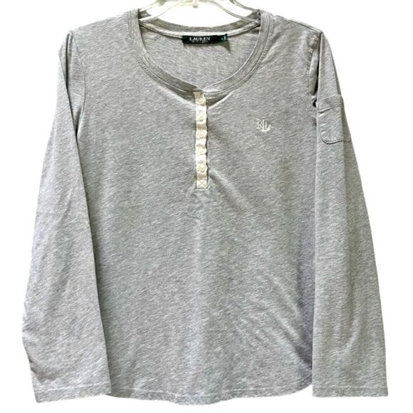 Lauren Ralph Lauren Long Sleeve Henley in Grey/Cream Women’s L - Picture 1 of 6